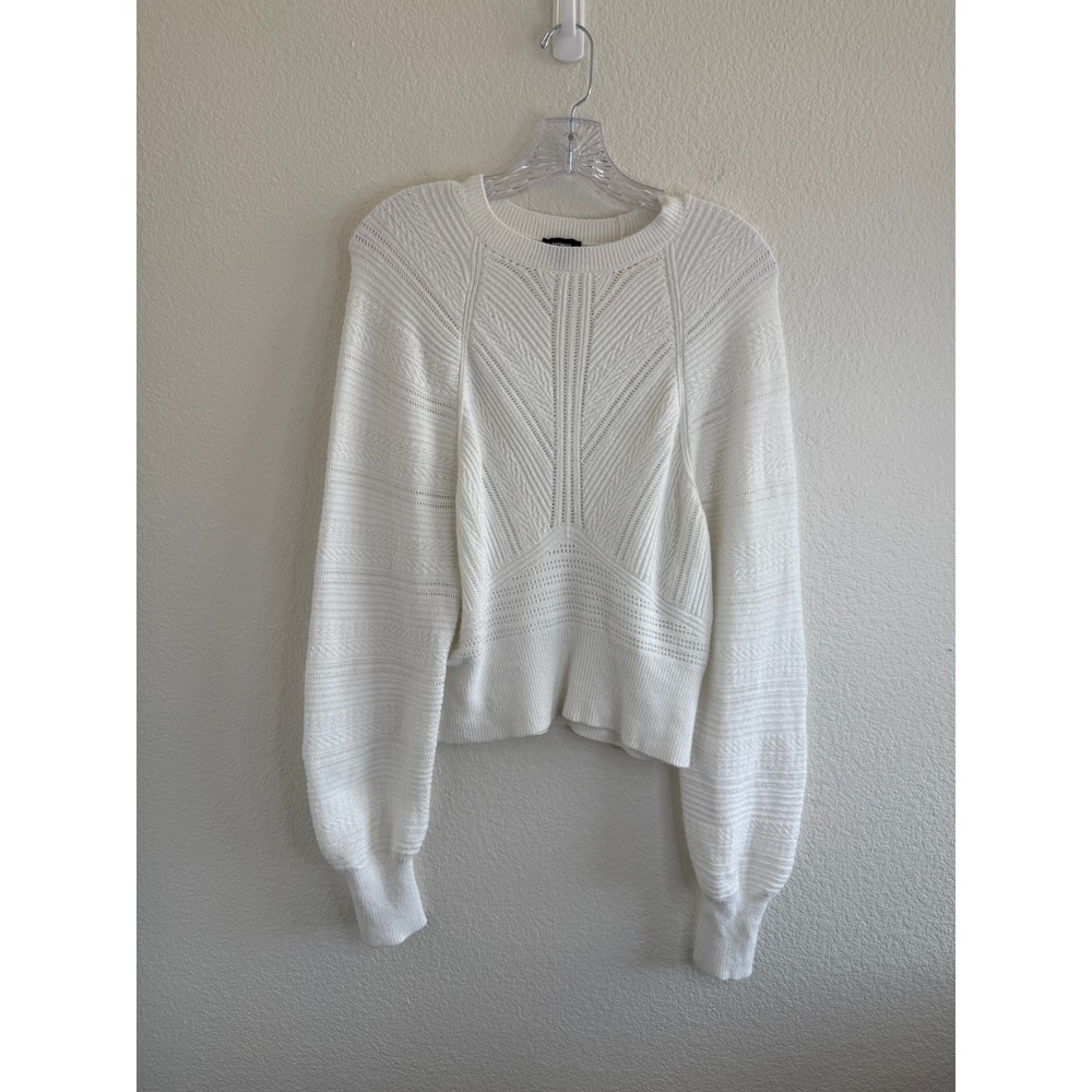 Express Womens White Pointelle Cable Knit Balloon Sleeve Crew Neck Sweater XS